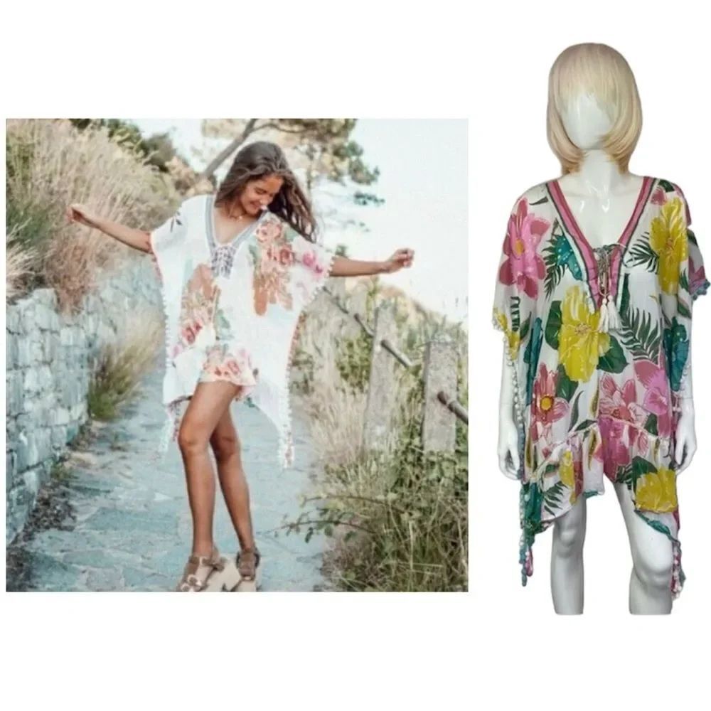 Z&L Womens Boho Tropical Floral Print Pom Pom Cover Up Tunic Multicolor One Size